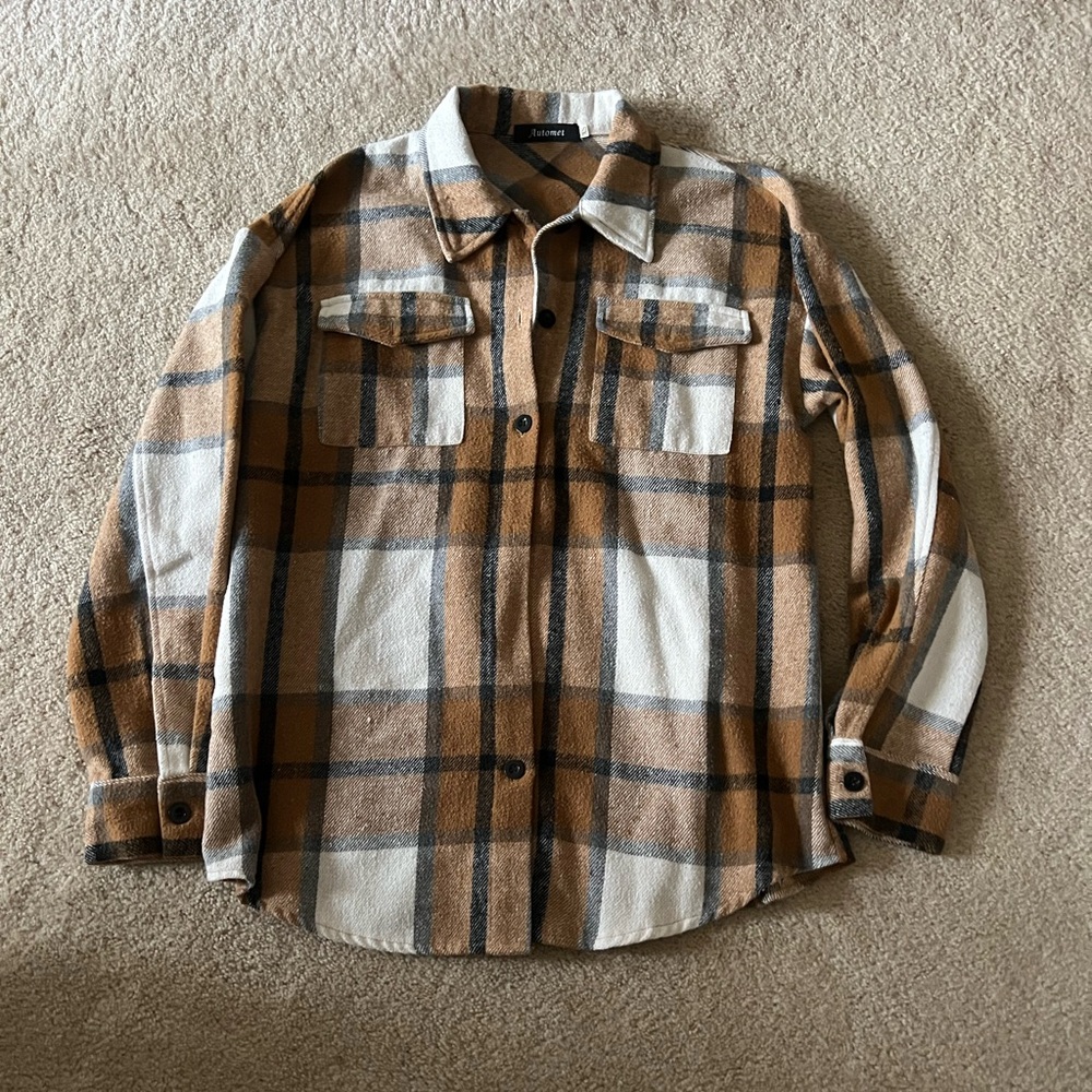 brown white black flannel button down